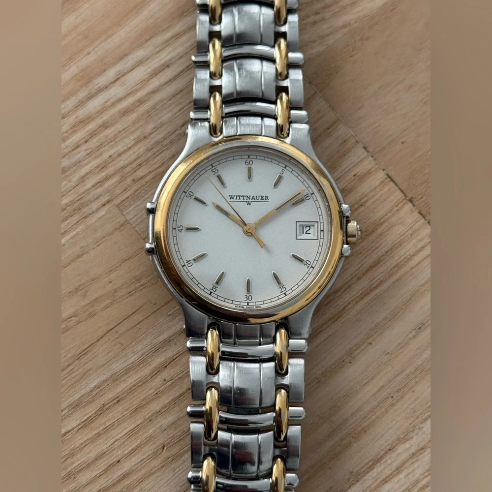 Wittnauer Vintage Luxury Watch Two-Tone Bracelet Case White Dial Date Window